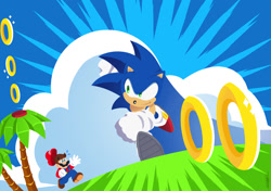 Size: 1191x839 | Tagged: safe, artist:unleash_arts, sonic the hedgehog, clouds, daytime, mario, palm tree, ring, running, sega nintendo rivalry, spring
