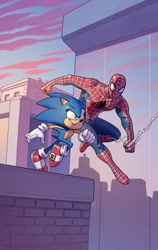 Size: 640x1011 | Tagged: safe, artist:guymagickal, sonic the hedgehog, cityscape, daytime, spiderman
