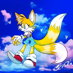 Size: 2048x2048 | Tagged: safe, artist:cosmic_fall, miles "tails" prower, claws, clouds, fingerless gloves, flying, hearts, mid-air, signature, solo, trans female, trans girl tails, transgender