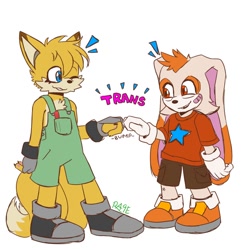 Size: 1000x1000 | Tagged: safe, artist:heir0rage, cream the rabbit, miles "tails" prower, fistbump, plaster, signature, simple background, trans boy cream, trans female, trans girl tails, trans male, transgender, white background