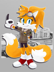 Size: 907x1200 | Tagged: safe, artist:rayctivefactory, miles "tails" prower, fox, abstract background, aviator jacket, female, goggles, ponytail, redraw, solo, trans female, trans girl tails, transgender