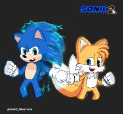 Size: 1350x1250 | Tagged: safe, artist:armd_nd, miles "tails" prower, sonic the hedgehog, sonic the hedgehog 2 (2022), fistbump, fluffy, grey background, signature, simple background