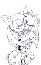 Size: 626x987 | Tagged: suggestive, artist:smsskullleader, amy rose, rouge the bat, black and white, blushing, eyes closed, heart, holding each other, kiss, lesbian, rougamy, shipping