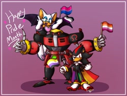 Size: 2048x1556 | Tagged: safe, artist:fweyamoved, e-123 omega, rouge the bat, shadow the hedgehog, asexual pride, bisexual pride, cape, flag, gay pride, gradient background, lesbian pride, nonbinary pride, pride, robot, team dark, thumbs up