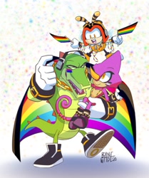 Size: 1843x2209 | Tagged: safe, artist:banewade, charmy bee, espio the chameleon, vector the crocodile, abstract background, asexual pride, beeds, bisexual pride, confetti, facepaint, flag, holding them, necklace, pride, shipping, signature, vecpio