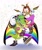 Size: 1843x2209 | Tagged: safe, artist:banewade, charmy bee, espio the chameleon, vector the crocodile, abstract background, asexual pride, beeds, bisexual pride, confetti, facepaint, flag, holding them, necklace, pride, shipping, signature, vecpio