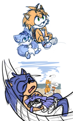 Size: 800x1335 | Tagged: safe, artist:zoomswish, miles "tails" prower, sonic the hedgehog, oc, oc:amadeus "ace" prower, oc:maximus "max" prower, hybrid, beach, drone, family, father and daughter, father and son, hammock, hedgefox, ocean, parent:sonic, parent:tails, parents:sontails, sitting, sleeping, sonic x tails, sunglasses, two tails