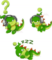 Size: 1496x1730 | Tagged: safe, artist:dandyliondreamer, vector the crocodile, chao, chaoified, dark chao, question mark, simple background, solo, white background, zzz