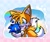 Size: 2236x1892 | Tagged: safe, artist:ayleen seraph, miles "tails" prower, chao, fox, duo, holding them, looking at them, rainbow, sonic chao