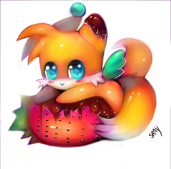 Size: 700x692 | Tagged: safe, artist:sukesha ray, chao, blushing, chocolate, cute, looking at viewer, sauce, signature, simple background, solo, strawberry, tails chao, white background