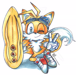 Size: 2482x2482 | Tagged: safe, artist:junie thunderlight, miles "tails" prower, extreme gear, goggles, looking at viewer, markerwork, pencilwork, sitting, sonic riders, v sign, wink