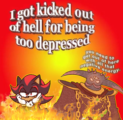 Size: 646x630 | Tagged: dead source, safe, artist:cha0 world, black doom, shadow the hedgehog, dialogue, duo, featured image, fire, frown, gradient background, head rest, lidded eyes, meme, signature