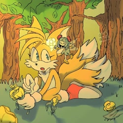 Size: 1080x1080 | Tagged: safe, artist:alia aziz, miles "tails" prower, fox, eyelashes, fairy, fangs, flower, grass, looking at them, male, tree