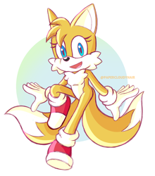Size: 2290x2602 | Tagged: safe, artist:raviolibox, miles "tails" prower, abstract background, gender swap, hair over one eye, solo