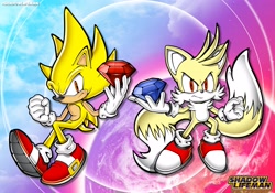 Size: 3567x2500 | Tagged: safe, artist:shadowlifeman, miles "tails" prower, sonic the hedgehog, super sonic, super tails, chaos emeralds, duo, modern style, red eyes, signature, super form