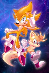 Size: 1280x1920 | Tagged: safe, artist:mugiwaramikey, miles "tails" prower, sonic the hedgehog, super sonic, super tails, sonic and tails r (series), space, super form