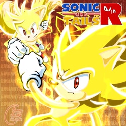 Size: 1080x1081 | Tagged: safe, artist:emanny360, miles "tails" prower, sonic the hedgehog, super sonic, super tails, logo, red eyes, sonic and tails r (series), super form
