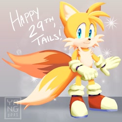 Size: 855x848 | Tagged: safe, artist:yangharmony, miles "tails" prower, abstract background, cute, no outlines, solo, standing, text