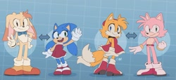 Size: 900x412 | Tagged: artist needed, safe, amy rose, cream the rabbit, miles "tails" prower, sonic the hedgehog, abstract background, aged down, aged up, amy's halterneck dress, belt, bowtie, dress, gender swap, role swap