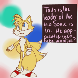 Size: 1280x1280 | Tagged: safe, artist:berrymi1kshakez, miles "tails" prower, abstract background, aged up, alternate universe, english text, fingerless gloves, solo, three tails