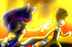 Size: 2859x1877 | Tagged: semi-grimdark, artist:candysugarskullgirl9, miles "tails" prower, sonic the hedgehog, oc, oc:sonic.exe, fox, hedgehog, black sclera, bleeding from eyes, chasing, duo, evil, fire, gloves, glowing eyes, red eyes, running, scared