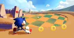 Size: 2015x1043 | Tagged: safe, sonic the hedgehog, clouds, daytime, eggman empire logo, farm, ring