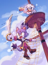 Size: 1521x2048 | Tagged: safe, artist:lou_lubally, blaze the cat, silver the hedgehog, clouds, mast, pirate outfit, sail, shipping, silvaze, sword, telescope