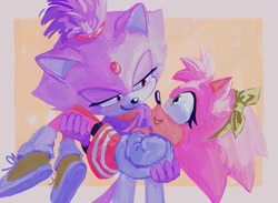 Size: 1601x1172 | Tagged: safe, artist:lovedeltaa, amy rose, blaze the cat, amy x blaze, holding them, looking at each other