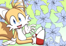 Size: 1457x1032 | Tagged: safe, artist:seen023hey, miles "tails" prower, flower, waving