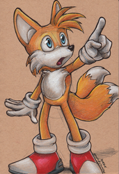 Size: 525x767 | Tagged: safe, artist:redwolfofwind, miles "tails" prower, looking offscreen, pointing