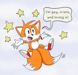 Size: 680x662 | Tagged: dead source, safe, artist:sweatbeanscomix, miles "tails" prower, fox, arms out, english text, grey background, lesbian, mid-air, open mouth, simple background, speech bubble, star (symbol), trans female, trans girl tails