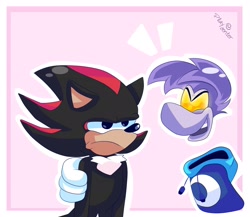 Size: 2530x2200 | Tagged: safe, artist:playcentermd, shadow the hedgehog, abstract background, crossover, duo, frown, hand on shoulder, rayman, raymesis, shadow is not amused