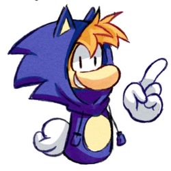 Size: 400x400 | Tagged: safe, artist:keyblade_masta, sonic the hedgehog, barely sonic related, clenched teeth, crossover, gloves, hoodie, kigurumi, pointing, rayman, simple background, smile, white background