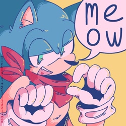Size: 1440x1440 | Tagged: safe, artist:tichiwi, sonic the hedgehog, bandana, dialogue, ear fluff, lidded eyes, one fang, simple background, speech bubble, yellow background