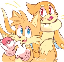 Size: 1200x1173 | Tagged: artist needed, safe, miles "tails" prower, buizel, crossover, cute, duo, fangs, pokeball, pokemon, simple background, two tails, whiskers, white background