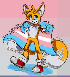 Size: 1000x1100 | Tagged: safe, artist:deviantshaye, miles "tails" prower, abstract background, blushing, cape, pride, solo, trans pride