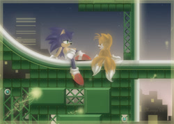 Size: 800x570 | Tagged: safe, artist:moaze, miles "tails" prower, sonic the hedgehog, star light zone, happy, no outlines, sitting