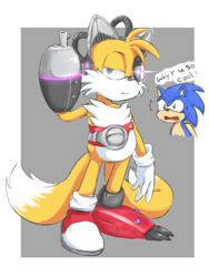 Size: 480x640 | Tagged: safe, artist:akautageri, miles "tails" prower, sonic the hedgehog, abstract background, cyborg, cyborg tails, frown, lidded eyes, sonic lost world