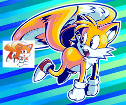 Size: 1518x1262 | Tagged: safe, artist:neppyneptune, miles "tails" prower, flying, redraw, reference inset, spinning tails, tails adventure
