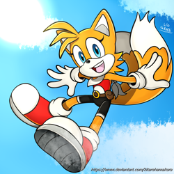 Size: 2000x2000 | Tagged: safe, artist:kitarehamakura, miles "tails" prower, bandana, belt, clouds, flying, gender swap, looking at viewer, mouth open, solo, uekawa style