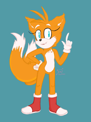 Size: 1535x2048 | Tagged: safe, artist:// honeybun //, miles "tails" prower, blue background, gender swap, pointing, signature, simple background