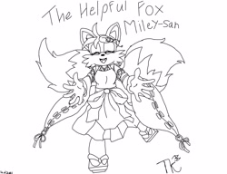 Size: 4019x3083 | Tagged: safe, artist:taeko, miles "tails" prower, fox, black and white, charm, crossover, fangs, flower, gender swap, hair pin, kimono, mobius.social exclusive, mouth open, sandals, signature, solo, standing on one leg, the helpful fox senko-san