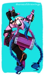 Size: 584x1000 | Tagged: safe, artist:araeofdrawings, amy rose, cosplay, jinx (league), looking back, piko piko hammer