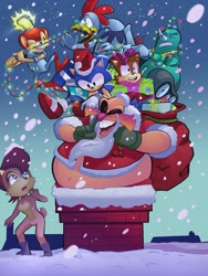 Size: 1500x1999 | Tagged: safe, artist:inkpants, coconuts, grounder, miles "tails" prower, sally acorn, scratch, sonic the hedgehog, christmas, christmas lights, featured image, present, santa outfit, snow