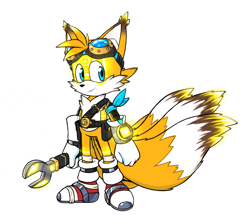 Size: 1018x912 | Tagged: artist needed, safe, miles "tails" prower, ancient transformation, belt, brown tipped ears, four tails, goggles, kitsune, redesign, simple background, sonic boom (tv), spanner, white background