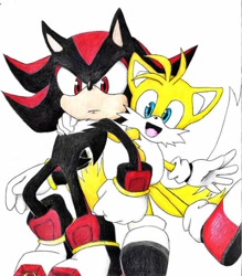 Size: 736x839 | Tagged: safe, artist:emorapunzel, miles "tails" prower, shadow the hedgehog, duo, flying, hand on shoulder, looking at viewer, mouth open, pencilwork, shadails, shipping, simple background, white background