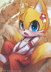 Size: 1280x1811 | Tagged: safe, artist:rezkapratam4x, miles "tails" prower, fox, crossdressing, crossover, hair pin, hands between legs, kimono, looking at viewer, mouth open, sitting, solo, the helpful fox senko-san