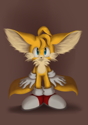 Size: 2893x4092 | Tagged: safe, artist:ailatf, miles "tails" prower, cute, dawww, fennec, fluffy, gradient background, large ears, no outlines, redesign, smile, solo, species swap, tailabetes, two tails