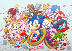 Size: 2700x1900 | Tagged: safe, artist:karneolienne, amy rose, blaze the cat, bocoe, breezie the hedgehog, cheese (chao), cream the rabbit, decoe, gadget the wolf, infinite the jackal, knuckles the echidna, manik the hedgehog, maria robotnik, miles "tails" prower, rouge the bat, shadow the hedgehog, silver the hedgehog, sonia the hedgehog, sonic the hedgehog, tikal, vanilla the rabbit, deviantart watermark, english text, everyone is here, palm tree, signature, sunflower, url, watermark