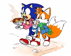 Size: 2832x2247 | Tagged: safe, artist:thepinkgalaxy, miles "tails" prower, sonic the hedgehog, chili dog, coffee, scarf, snow, winter